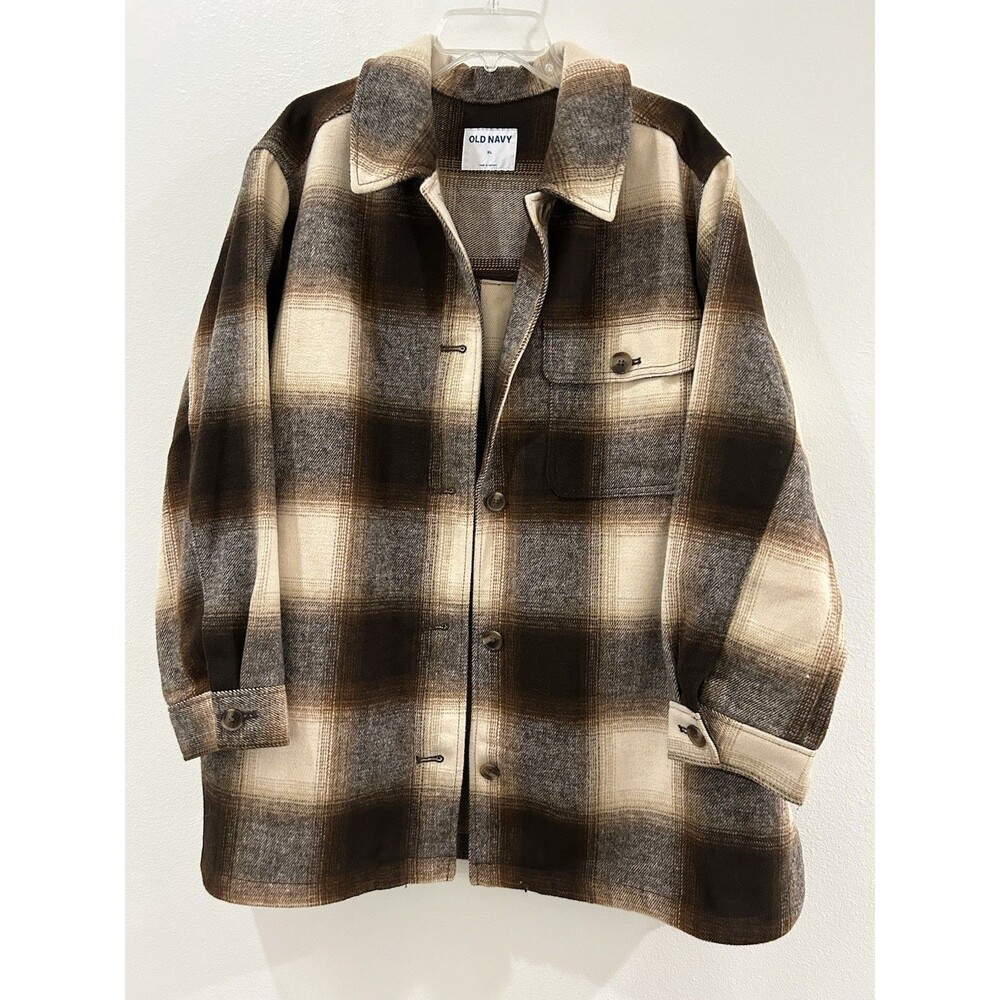 Old Navy  Womens XL  Jacket Flannel Shacket Tan Brown Plaid Heavyweight Outdoor